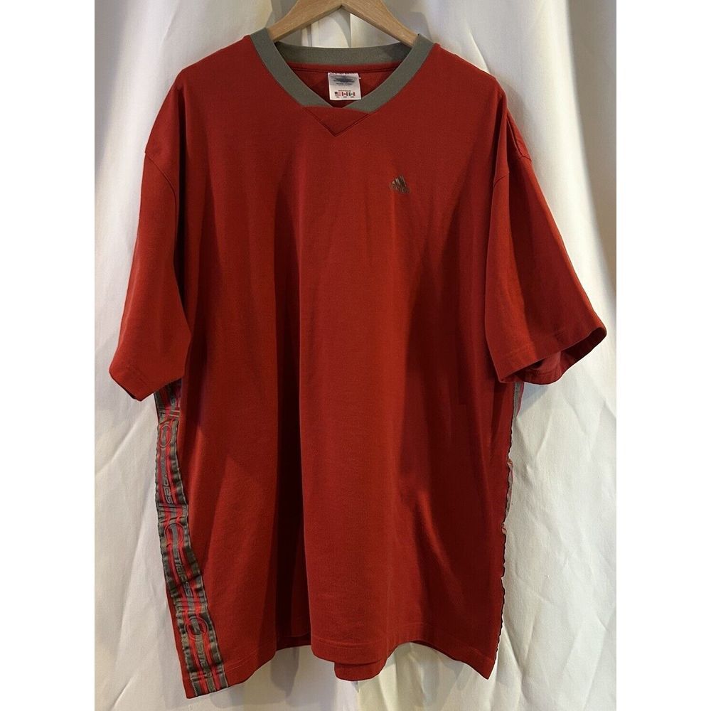 Vintage 90s Adidas Red Embroidered‎ Olive Green Three Stripes Soccer Jersey 2X